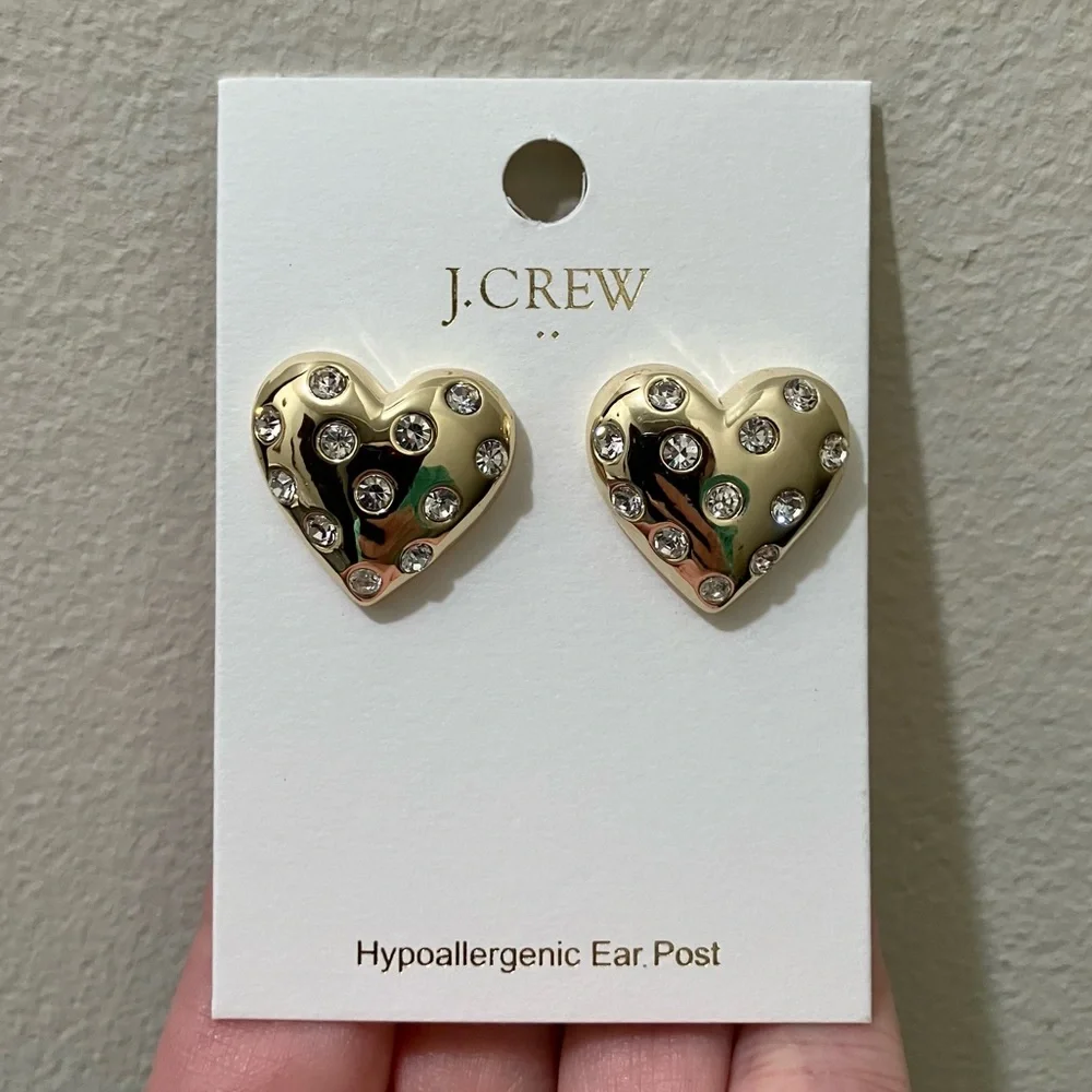 NWT J. Crew Pavé Puffy Heart Bauble Earrings Preppy Pave Crystal Gold Factory OS